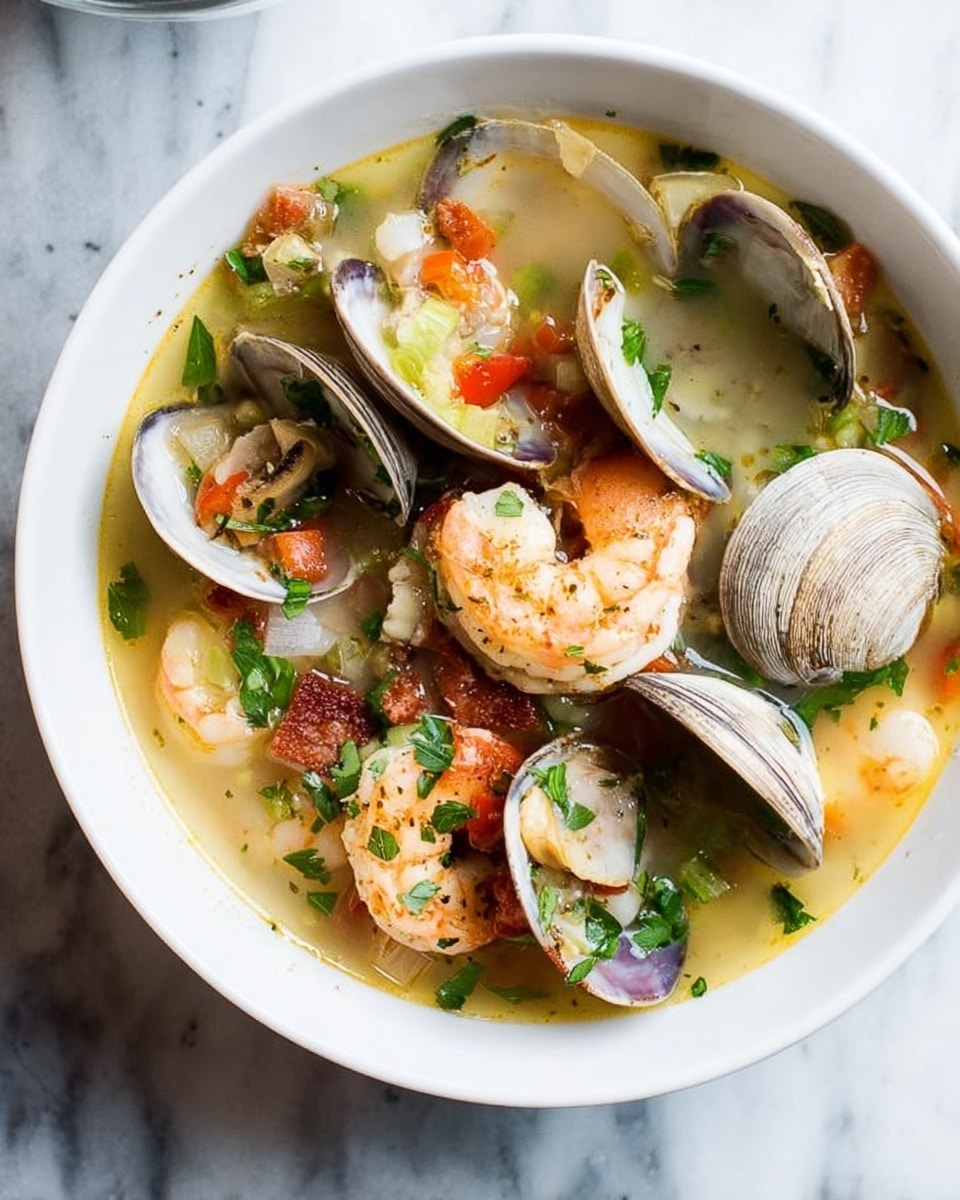The image shows a white bowl filled with a seafood soup on a white marbled surface. The soup has clear light yellow broth as the base layer, with small pieces of cooked shrimp that are pink and curled floating on top. There are several hard clam shells, some open showing the creamy clam meat inside. Orange chunks of spicy sausage and small diced vegetables like red and green peppers and onions float in the soup. Bright green fresh parsley leaves are scattered over the top, adding color contrast. The soup looks warm and hearty with a mix of soft and firm textures. photo taken with an iphone --ar 4:5 --v 7