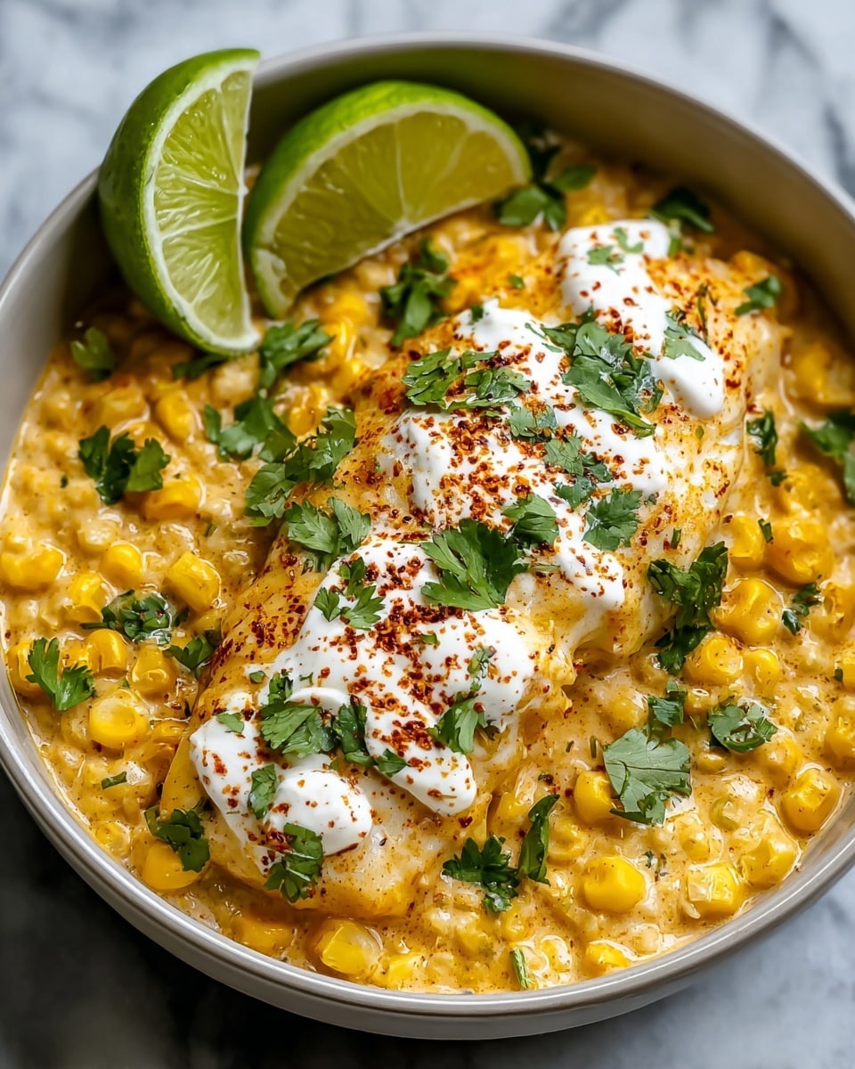 A close-up of a layered dish in a white bowl, starting with a creamy, yellow sauce with visible corn kernels and specks of seasoning covering the bottom. On top, a piece of white fish is coated in the same creamy sauce with corn pieces mixed in. A thick line of white sour cream runs down the middle of the fish, sprinkled lightly with red chili powder and fresh green cilantro leaves. Two green lime wedges rest on the side inside the bowl. The background shows a white marbled texture. Photo taken with an iphone --ar 4:5 --v 7