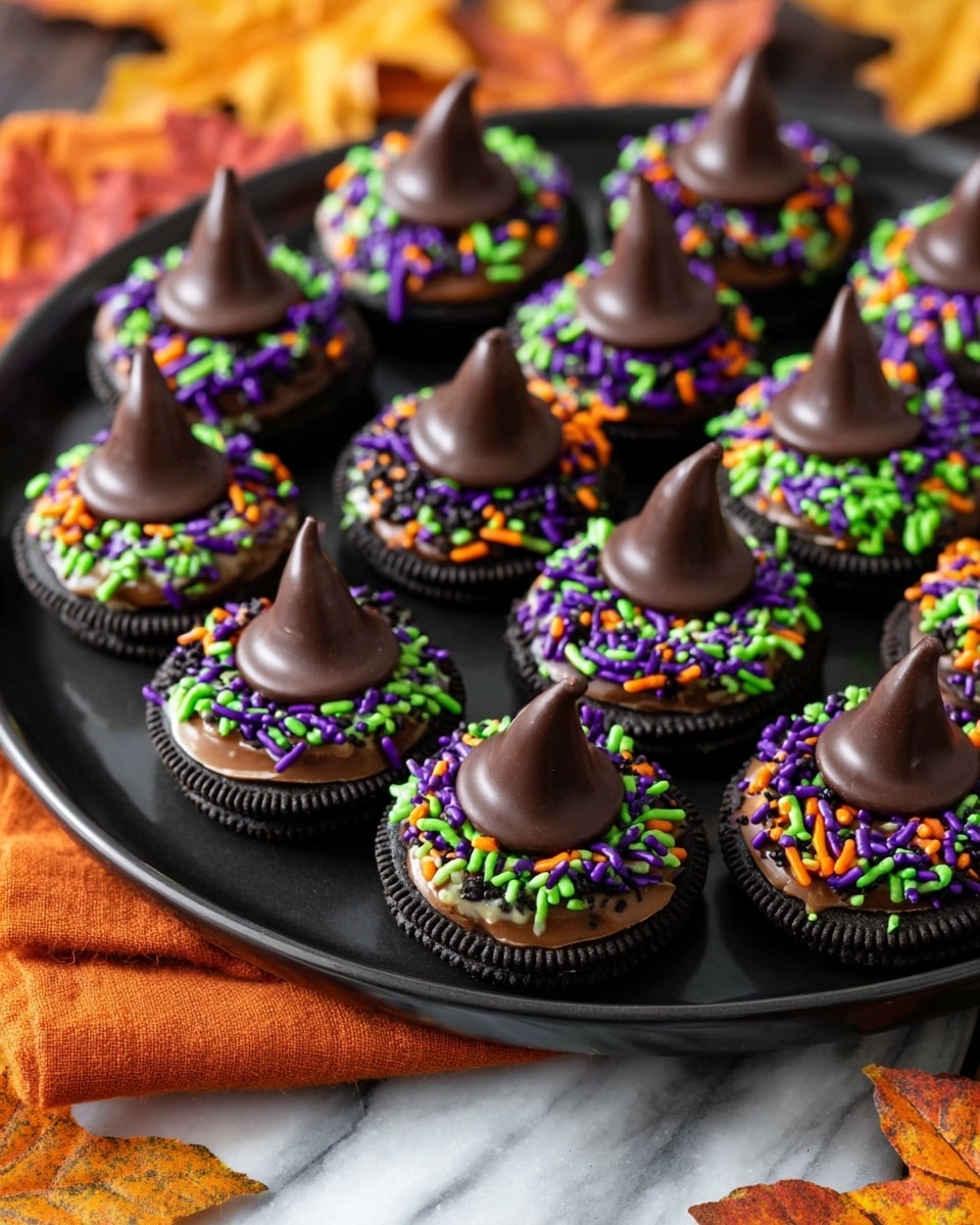 The image shows a black tray filled with black sandwich cookies as the base layer. On top of each cookie is a smooth layer of melted milk chocolate, covered with colorful sprinkles mainly in green, purple, black, and orange, forming a ring around the center. In the middle of each cookie sits a small chocolate candy shaped like a witch’s hat, dark brown and slightly shiny. The scene is set against an orange cloth with autumn leaves around the tray, on a white marbled surface. Photo taken with an iphone --ar 4:5 --v 7