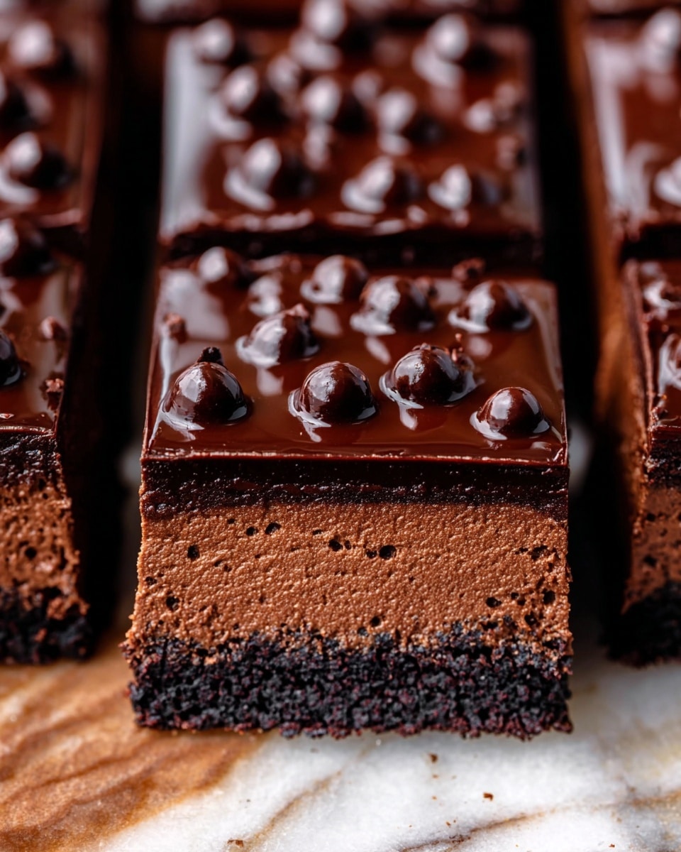 A close-up of a rich chocolate dessert square with three visible layers: a dark, crumbly bottom layer, a dense, textured middle layer in a lighter chocolate brown, and a smooth, glossy top layer of dark chocolate ganache dotted with small round chocolate balls. The dessert pieces are arranged closely together on a white marbled surface, showcasing the shiny texture of the ganache and the contrast between the layers. Photo taken with an iphone --ar 4:5 --v 7
