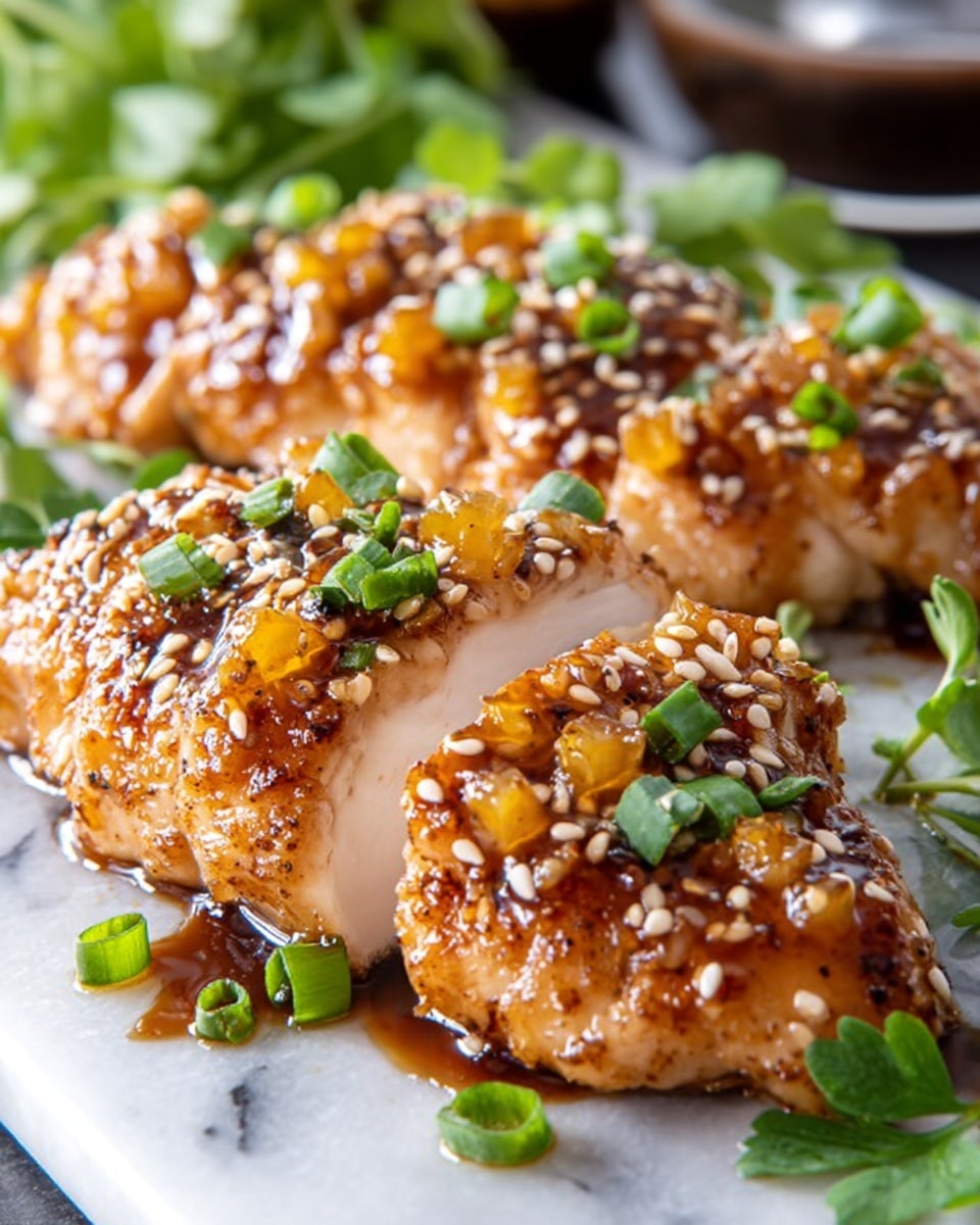 Two sliced pieces of golden-brown, crispy chicken breast are placed closely on a white plate. Each piece has a sticky, shiny orange glaze with small chunks of yellow sauce on top. The chicken is sprinkled with white sesame seeds and chopped green onions. Bright green curly parsley leaves surround the plate, adding color. The plate sits on a white marbled surface. photo taken with an iphone --ar 4:5 --v 7
