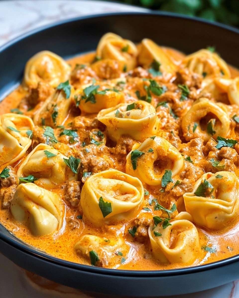 A close-up of a bowl filled with creamy orange-colored soup containing stuffed tortellini pasta. The tortellini are light yellow and soft, floating in a thick sauce with small pieces of minced meat, diced tomatoes, and finely chopped green herbs evenly spread throughout. In the center, there is a small bunch of fresh green basil leaves for decoration. The bowl is white with a dark blue rim, placed on a white marbled surface. Photo taken with an iphone --ar 4:5 --v 7