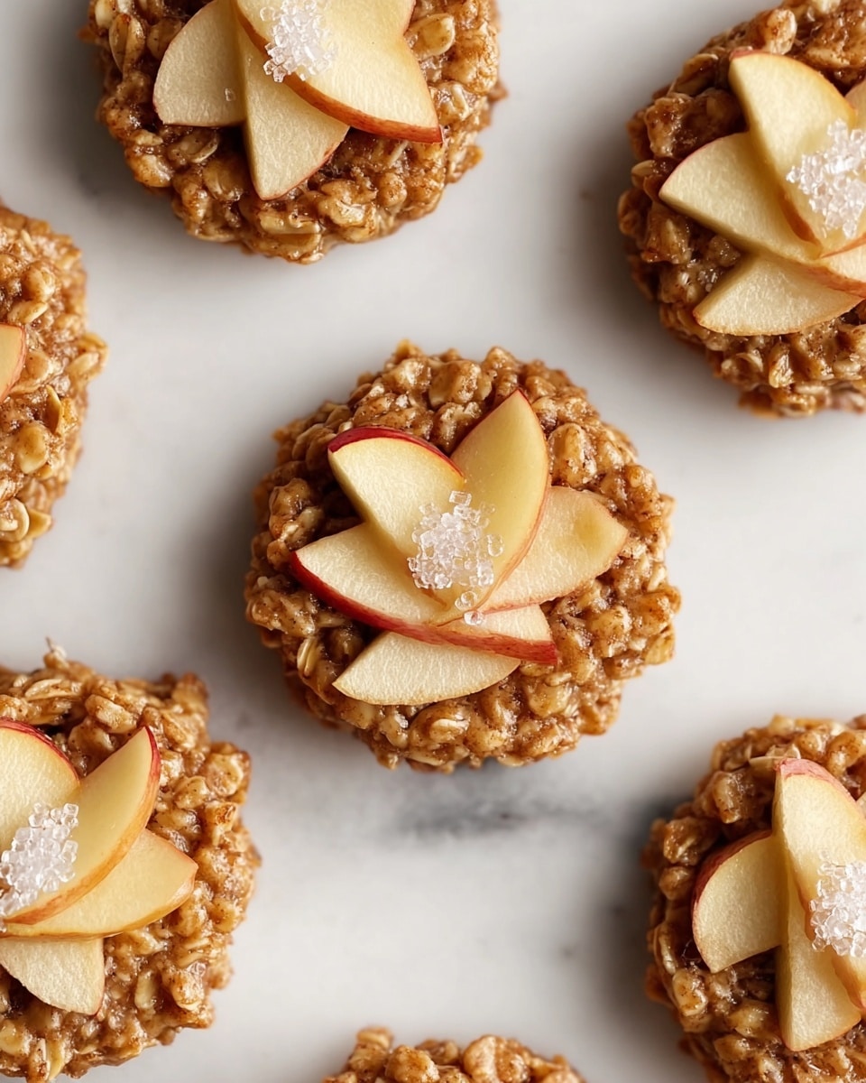 A close-up image shows a single oatmeal muffin placed on a white marbled surface with more muffins blurred in the background. The muffin has a rough, textured base made of brown baked oats. On top, there are visible layers of slightly browned oats mixed with small apple slices that are pale yellow with a hint of cinnamon dusted over them. The surface sprinkle includes coarse, sparkling sugar crystals that catch light, adding a crispy look. The muffin is wrapped in a textured baking cup with ridges. Photo taken with an iphone --ar 4:5 --v 7