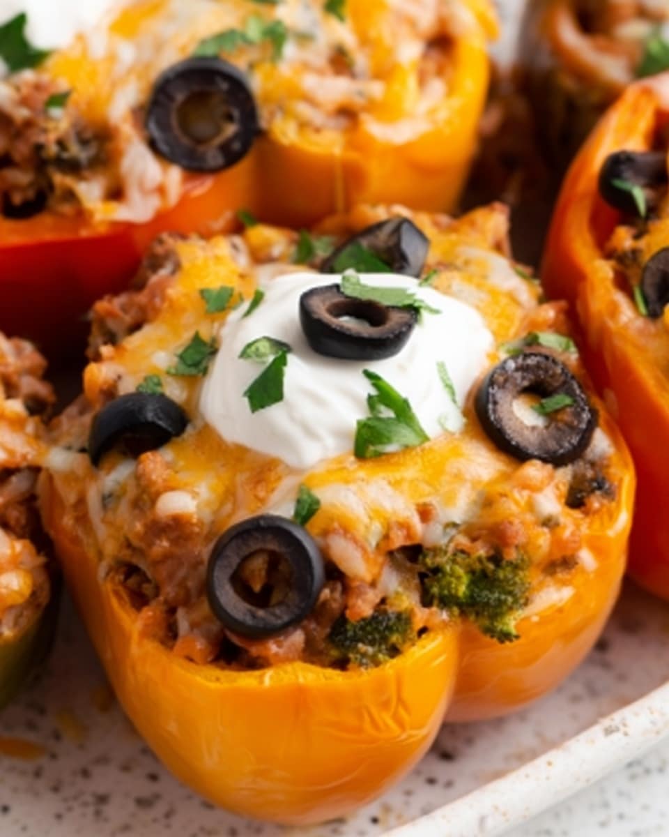 The image shows two orange bell pepper halves filled with layers of cooked ground meat, rice, black olives, corn, diced tomatoes, and melted cheese. The top layer glistens with melted golden-brown cheese sprinkled with green herbs. Each stuffed pepper is topped with a dollop of white sour cream garnished with small green herb pieces. The stuffed peppers are placed close together inside a white baking dish, all set on a white marbled surface. Photo taken with an iphone --ar 4:5 --v 7