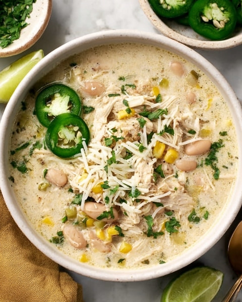 The image shows a white bowl filled with creamy chicken soup, layered with shredded chicken, beige beans, and pieces of yellow corn immersed in a light, creamy broth. On top, thin green jalapeño slices rest on the left side of the bowl, next to a small pile of shredded white cheese and finely chopped green herbs scattered across the surface. The bowl is placed on a white marbled texture, with some green cilantro leaves partially visible in the background. A woman's hand is just outside the frame, near the bottom right corner holding the bowl’s edge. Photo taken with an iphone --ar 4:5 --v 7