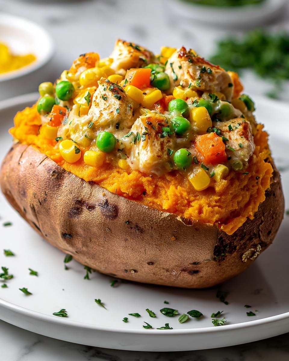 A stuffed baked sweet potato with three visible layers sits on a white plate over a white marbled surface. The bottom layer is a whole baked sweet potato with a brown, slightly rough skin and bright orange soft inside. The middle layer is mashed sweet potato filling, orange and smooth, spread over the inside of the potato. The top layer is a creamy mixture filled with chunks of white chicken, bright green peas, yellow corn, and orange carrot cubes, lightly browned on top with some green herbs sprinkled over. Small green herb pieces are spread around the plate. photo taken with an iphone --ar 4:5 --v 7