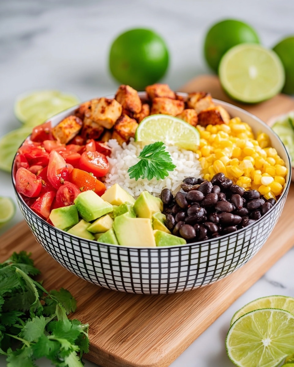 The image shows a white bowl filled with five main layers arranged neatly: white rice on the left side topped with a wedge of lime, grilled chicken chunks with a browned texture in the upper right, black beans beside the chicken, bright yellow corn kernels below the beans, and fresh diced red tomatoes mixed with onions on the lower left. There are small pieces of light green avocado and a fresh cilantro leaf garnish near the center. The bowl sits on a white marbled surface surrounded by whole and sliced limes, red and green peppers, fresh cilantro leaves, a wooden bowl of chopped cilantro, and halved avocados. Another similar bowl and a glass bowl of fresh salsa with a wooden spoon are partly visible. Photo taken with an iphone --ar 4:5 --v 7