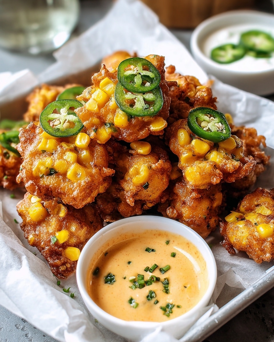 A white tray lined with white parchment paper holds a pile of golden brown fried corn fritters, each piece dotted with bright yellow corn kernels and topped with slices of fresh green jalapeño peppers. On the right side of the tray, there is a small round white bowl filled with a creamy orange dipping sauce garnished lightly with green herbs. The background surface shows a white marbled texture, and a blurred edge of another white bowl with a creamy white sauce and a dollop of green herb is visible in the upper right corner. photo taken with an iphone --ar 4:5 --v 7
