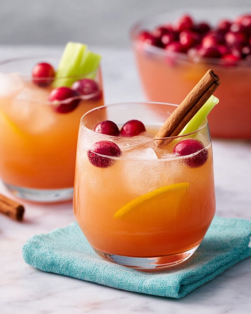 A large clear glass bowl sits on a white marbled surface, filled with a colorful punch. The liquid is a warm reddish-brown color, topped with floating layers of fruit slices: round pale yellow-green apple slices, semi-circle bright orange slices, and scattered red cranberries. There are also fresh green mint leaves placed around the fruit on the surface, adding a fresh touch. A golden spoon rests inside the bowl, partially submerged in the punch, with bubbles floating around it. photo taken with an iphone --ar 4:5 --v 7