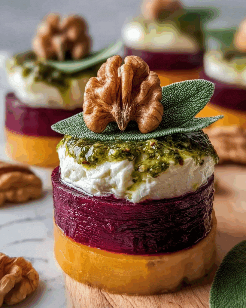 Sweet Potatoes & Beet Stacks with Pesto, Burrata & Walnuts Recipe