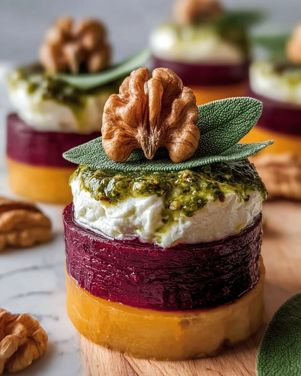 The dish features a small stack with three clear layers on a white marbled surface. The bottom layer is a light orange slice with a smooth texture. The middle layer is a thick, dark red slice of beet with a shiny, moist look. The top layer is a dollop of white, soft cottage cheese with a drizzle of green pesto sauce that looks oily and textured. On top of the cheese are two fresh green sage leaves, with a large walnut piece placed on top of the leaves. The stack is surrounded by scattered walnut halves in the background. photo taken with an iphone --ar 4:5 --v 7