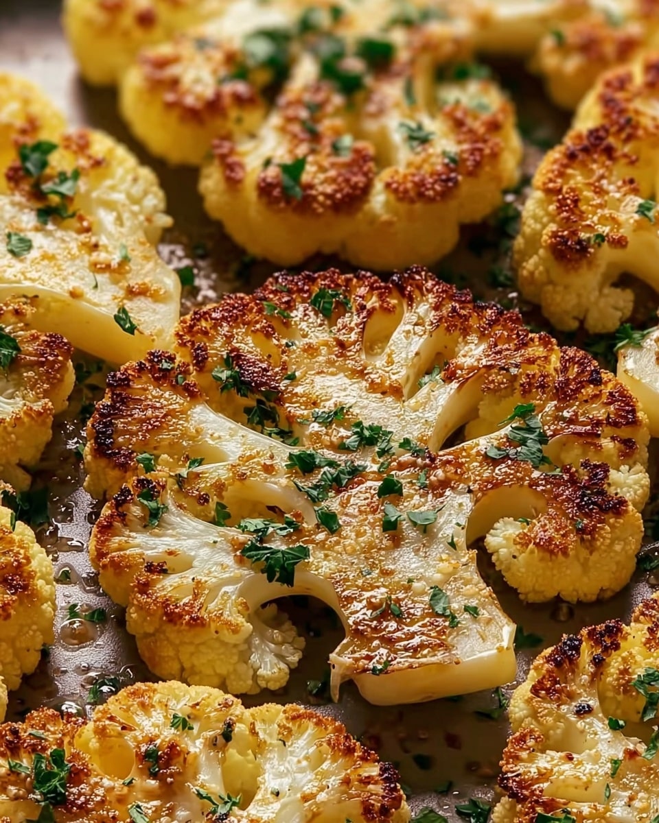 The image shows several pieces of roasted cauliflower cut into thick, round slices with multiple layers visible in each slice. The top layer is browned and crispy with golden spots, giving a caramelized texture. Small green parsley pieces are scattered evenly on the browned surface, adding vibrant green color to the creamy white cauliflower. The background is a white marbled texture that enhances the contrast between the cauliflower and the surface. photo taken with an iphone --ar 4:5 --v 7