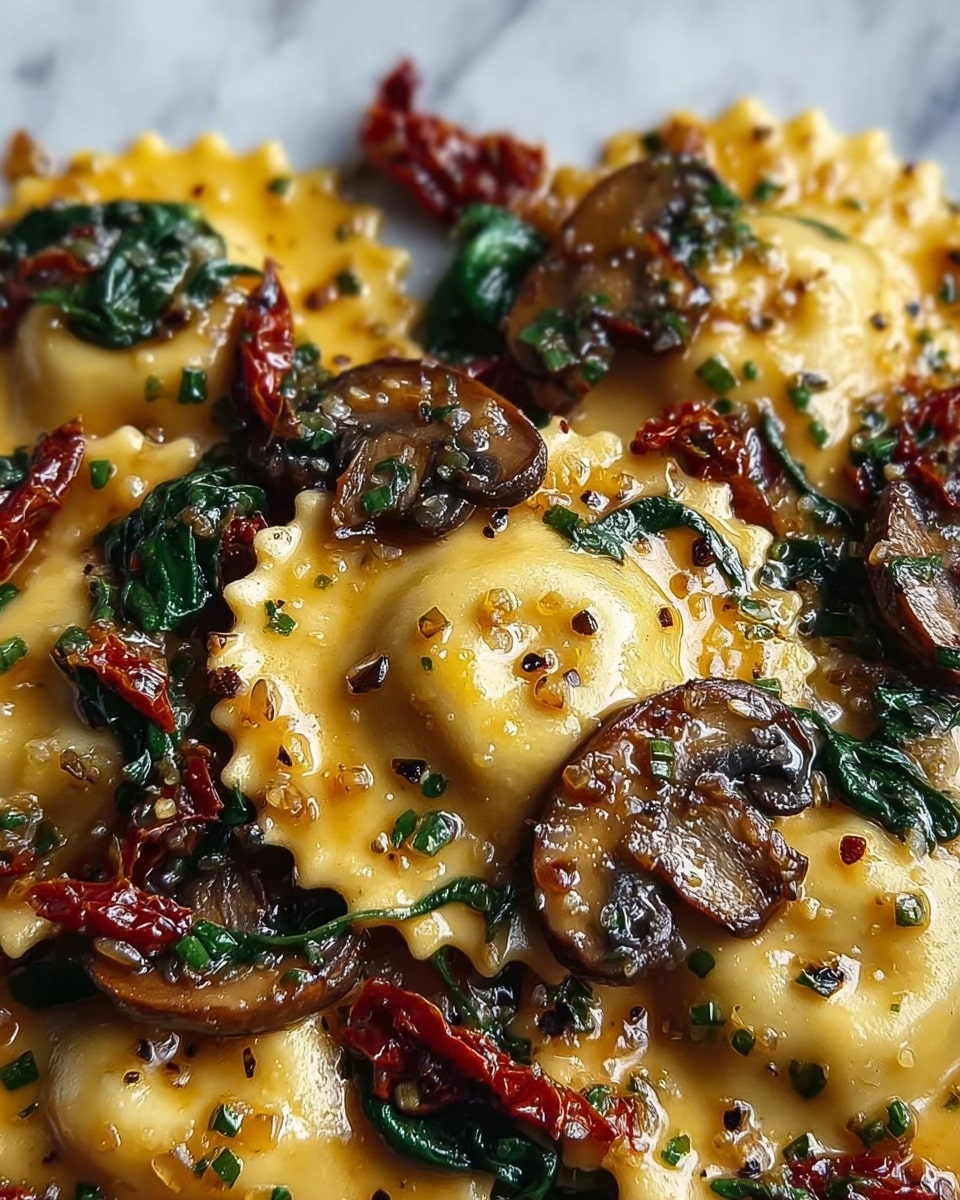 This close-up image shows several pieces of ravioli pasta with scalloped edges, cooked to a light golden color and slightly shiny from a sauce. The ravioli are mixed with dark brown sautéed mushrooms that have a glossy texture, bright green wilted spinach leaves, and small pieces of dark red sun-dried tomatoes. The dish is sprinkled with finely chopped green herbs and black pepper flakes, creating a colorful and textured appearance. The whole mix sits on a white marbled surface, making the colors of the ingredients stand out vividly. Photo taken with an iphone --ar 4:5 --v 7