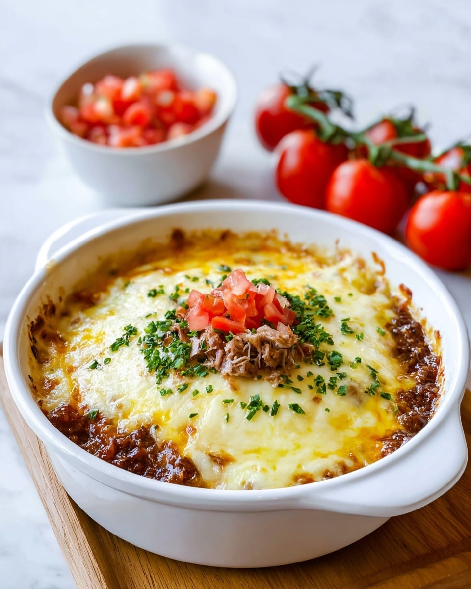 A round white ceramic dish filled with a single-layer baked casserole that has a golden-brown cheese crust on top with bubbly, slightly charred spots around the edges. The melted cheese layer appears thick, creamy, and rich, with a few sprigs of fresh green herbs (thyme) placed decoratively on the surface. The dish is placed partially on a wooden board and partially on a white marbled surface with a few scattered thyme sprigs nearby. Photo taken with an iphone --ar 4:5 --v 7
