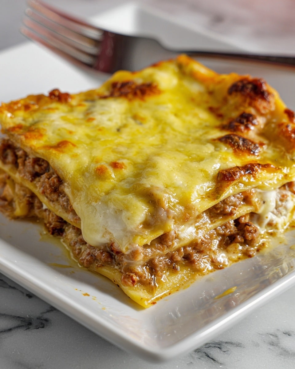 A close-up view of a single rectangular slice of lasagna on a white square plate, placed on a white marbled surface. The lasagna has three visible layers: the bottom and middle layers are light yellow pasta sheets with creamy white sauce in between, mixed with bits of cooked brown ground meat and a creamy texture; the top layer is thick and golden yellow melted cheese that looks bubbly and slightly browned in some areas, covering the whole piece. The edges of the lasagna are soft and slightly gooey, showing melted cheese dripping down a bit. photo taken with an iphone --ar 4:5 --v 7