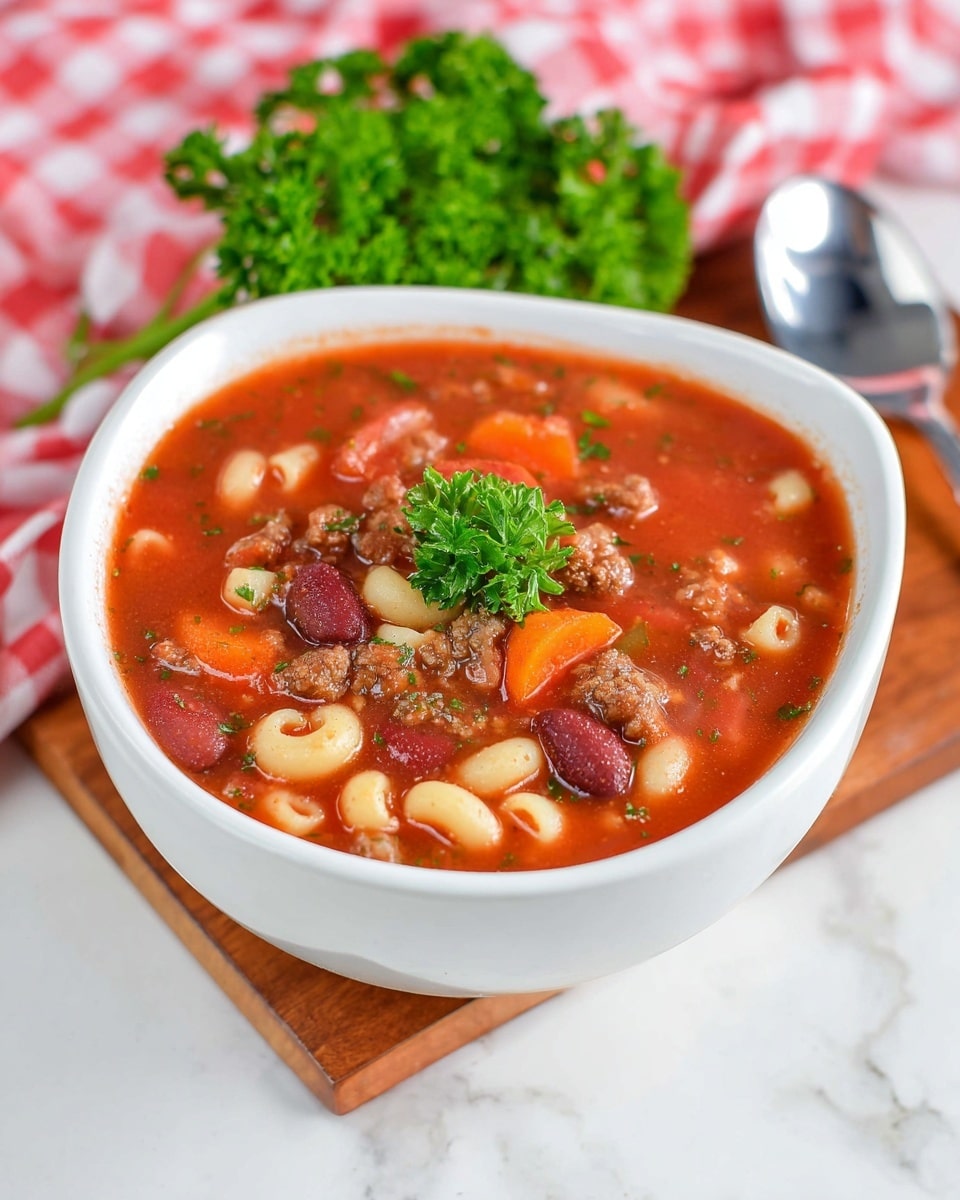 A white triangular bowl filled with a thick tomato-based soup containing visible layers of small macaroni pasta, kidney beans, ground meat pieces, and sliced carrots, all mixed in a chunky red broth with herbs and tiny green specks. The soup surface is garnished with a small sprig of fresh green parsley. The bowl rests on a wooden board atop a white marbled surface, with a bunch of fresh curly parsley and a slightly blurred silver spoon in the background, all set against a soft red and white checkered cloth. Photo taken with an iphone --ar 4:5 --v 7