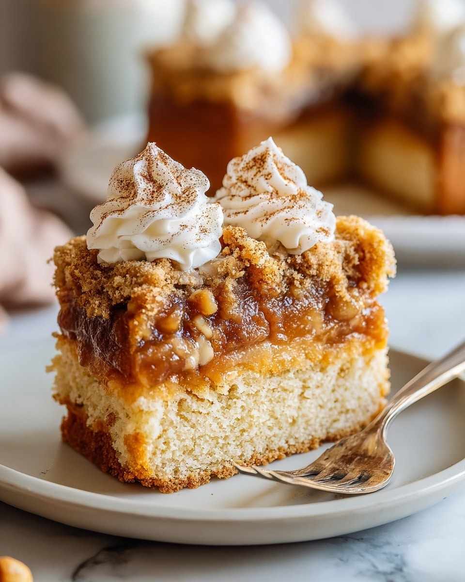 The image shows a close-up of one piece of crumb cake on a round white plate with a thin silver rim. The crumb cake has three layers: the bottom layer is a dense, moist yellow cake, the middle layer is thick and orange with pumpkin filling, and the top layer is a crumbly brown streusel mixed with small pieces of nuts. Dollops of white cream are spread lightly on the streusel topping. A silver fork rests beside the cake on the plate. The background features a blurred second white plate with more crumb cake pieces and a soft, white marbled surface. Photo taken with an iphone --ar 4:5 --v 7