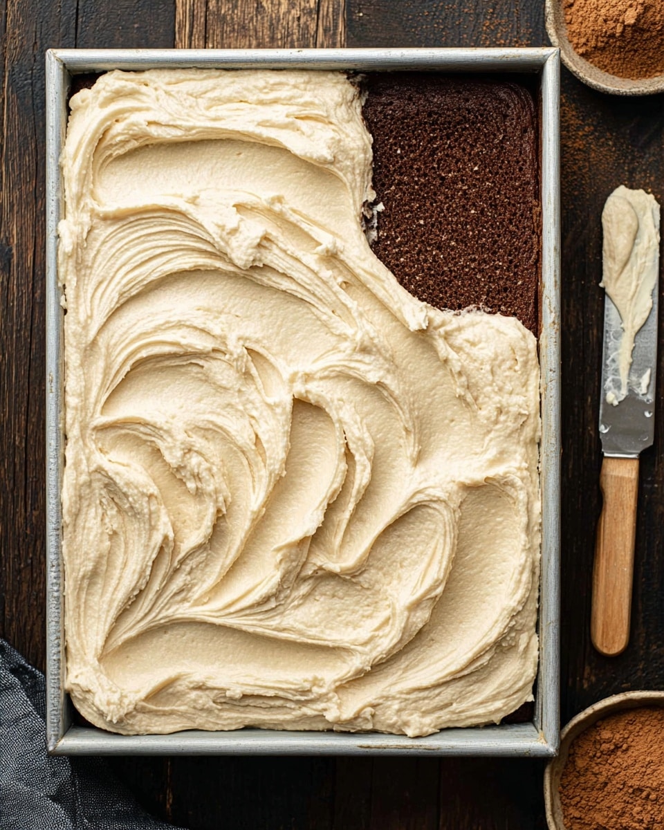 A single square piece of brown moist cake with a coarse, crumbly texture forms the base layer, topped thickly with a smooth, creamy off-white frosting that appears soft and spread evenly with swirled strokes, covering the entire top surface. This cake slice is placed on a round white plate with a slight textured look, held by a woman's hand on the left side, and the background has a plain dark brown color with soft lighting highlighting the cake’s details. photo taken with an iphone --ar 4:5 --v 7