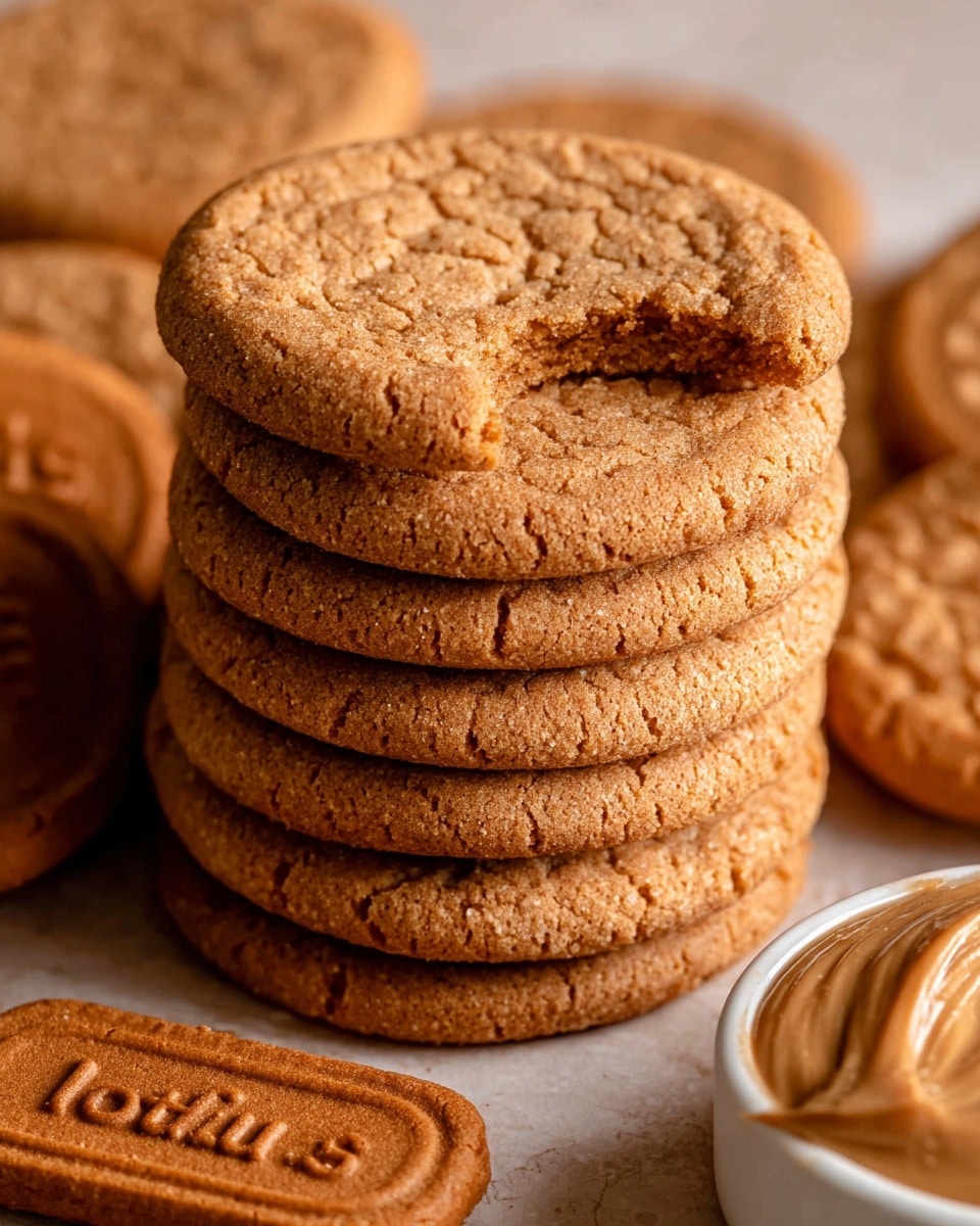 A close-up of five round, cracked ginger cookies stacked and overlapping on a flat white marbled surface, one cookie partially eaten showing a rough texture. In the top right corner, three rectangular brown Lotus cookies with engraved text rest against the ginger cookies. At the bottom right, a small white fluted bowl is filled with smooth, swirled caramel-colored spread. Crumbs are scattered subtly around the cookies and bowl. photo taken with an iphone --ar 4:5 --v 7