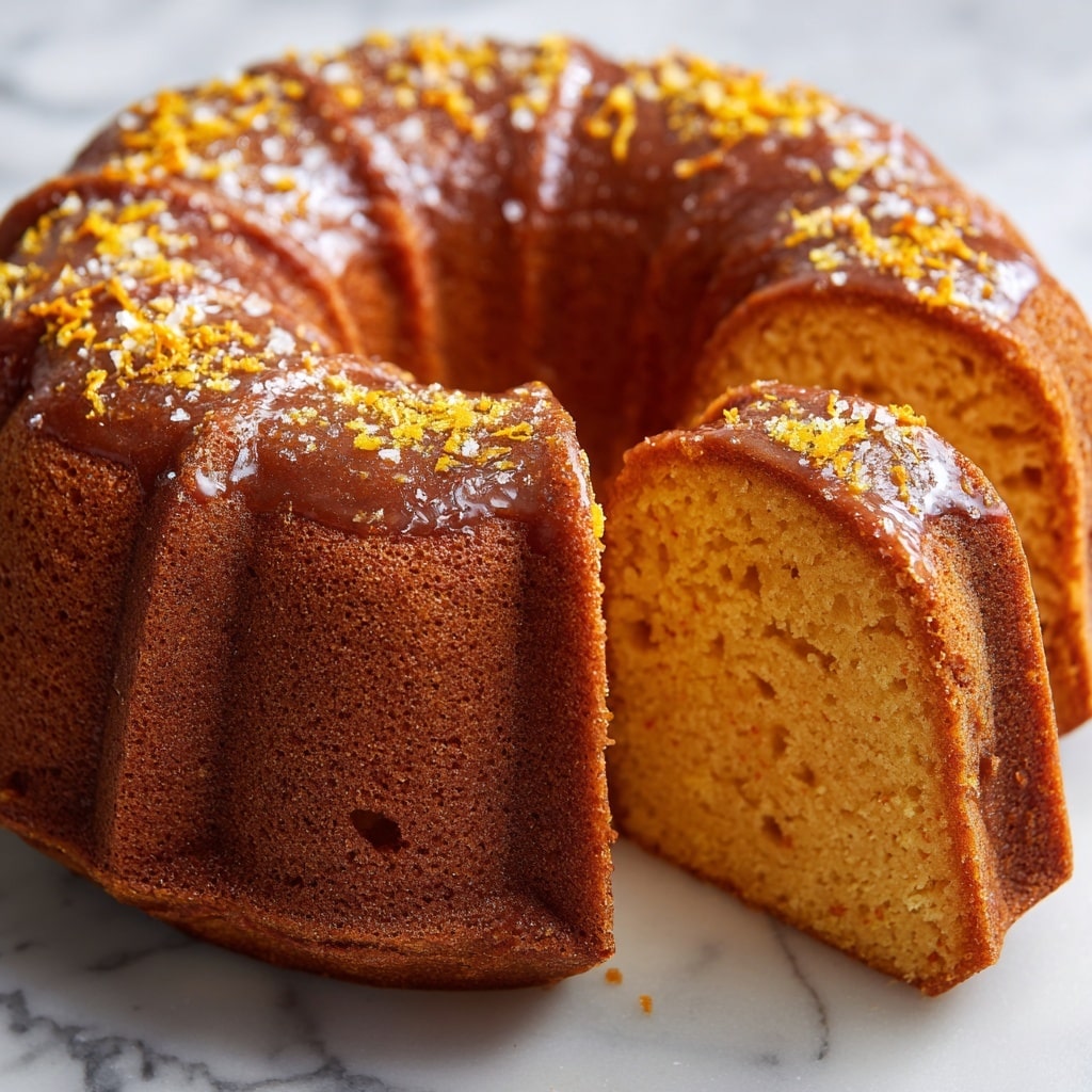 The image shows a thick bundt cake with a golden-brown crust placed on a clear glass cake stand with a white marbled background. The cake has a deep hole in the center and a visible crack on the top surface, revealing a slightly lighter, moist interior. Around the lower side of the cake, there is a thin, shiny glaze layer that appears smooth and slightly translucent. The glass stand has a simple design, and the entire setting looks homey and bright. Photo taken with an iphone --ar 4:5 --v 7