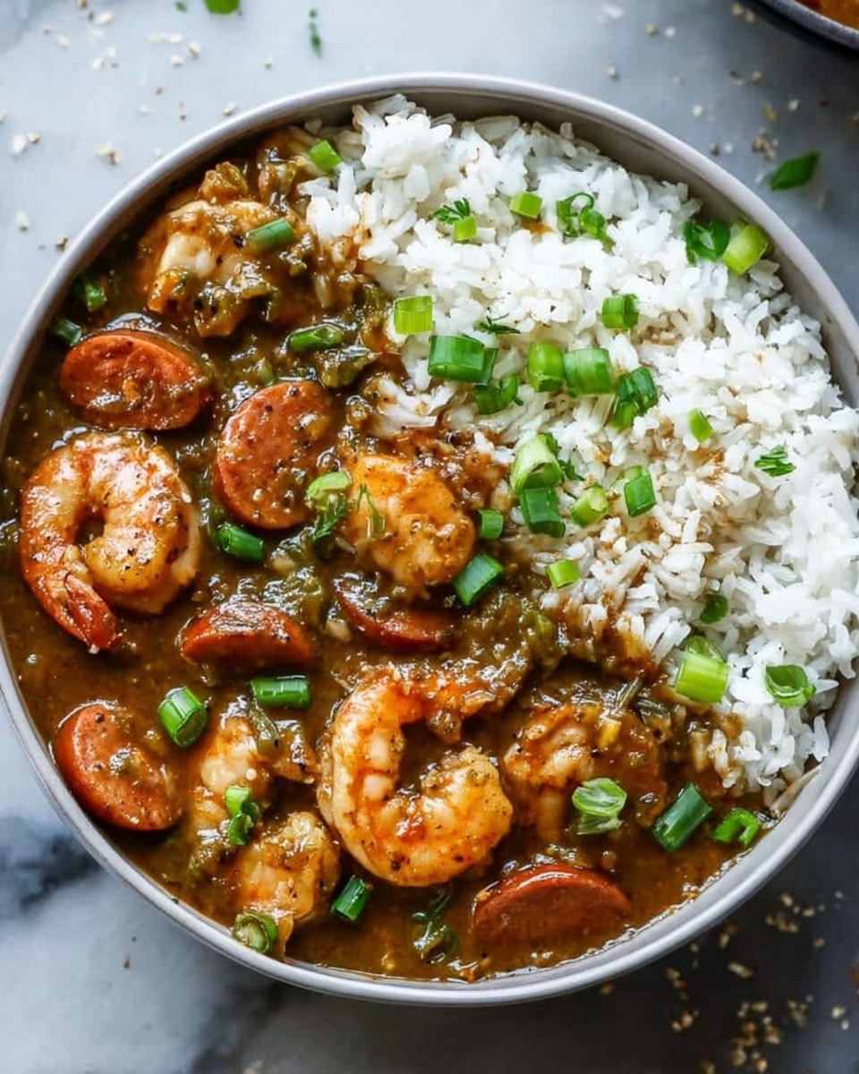 A large metal pot filled with rich, thick brown stew that has visible shrimp in shades of light orange and pink scattered throughout, along with small pieces of green vegetables and shredded meat. A wooden spoon is partially dipped in the stew, showing its thick consistency with small bits clinging to the spoon. The stew has a glossy texture with black pepper sprinkled on top. The pot is placed on a white marbled surface, with a pepper grinder and a dark cloth nearby. Photo taken with an iphone --ar 4:5 --v 7