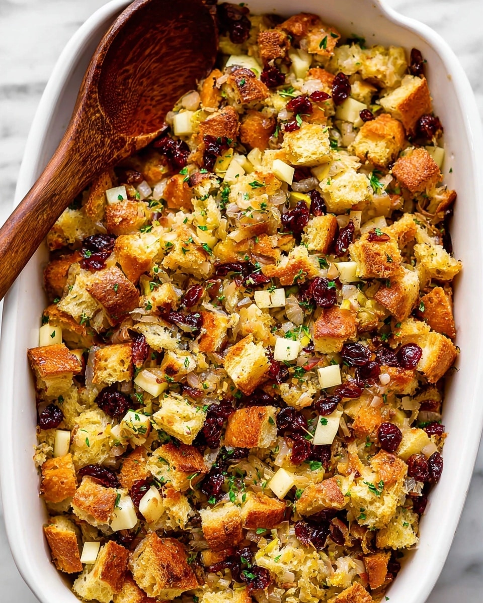 A close-up view of a white baking dish filled with a layered stuffing mix. The bottom layer is made of golden-brown toasted bread cubes with a crunchy texture. Mixed throughout are small, cubed pieces of light yellow and pale orange apples adding a juicy look. Scattered on top and within the bread pieces are dried cranberries with a deep red color. Fresh green herbs are sprinkled evenly over the top, adding a touch of color contrast. The mixture looks moist with small bits of onion or similar vegetable pieces visible. A wooden spoon rests on the upper left side inside the dish, partially covered by the stuffing. The background is a white marbled surface. photo taken with an iphone --ar 4:5 --v 7