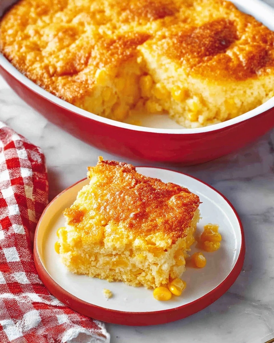 The image shows a baked corn casserole with a golden-brown crust on top, cut into square pieces. The dish has two visible layers: the top layer is a crispy, browned crust with a slightly crumbly texture, while the bottom layer is creamy and filled with whole yellow corn kernels, giving it a soft and moist look. One piece of the casserole is placed on a white plate with a red rim, set on a white marbled surface, while the larger baking dish with the remaining casserole is beside it. There is also a red and white checked cloth napkin near the plate. Photo taken with an iphone --ar 4:5 --v 7