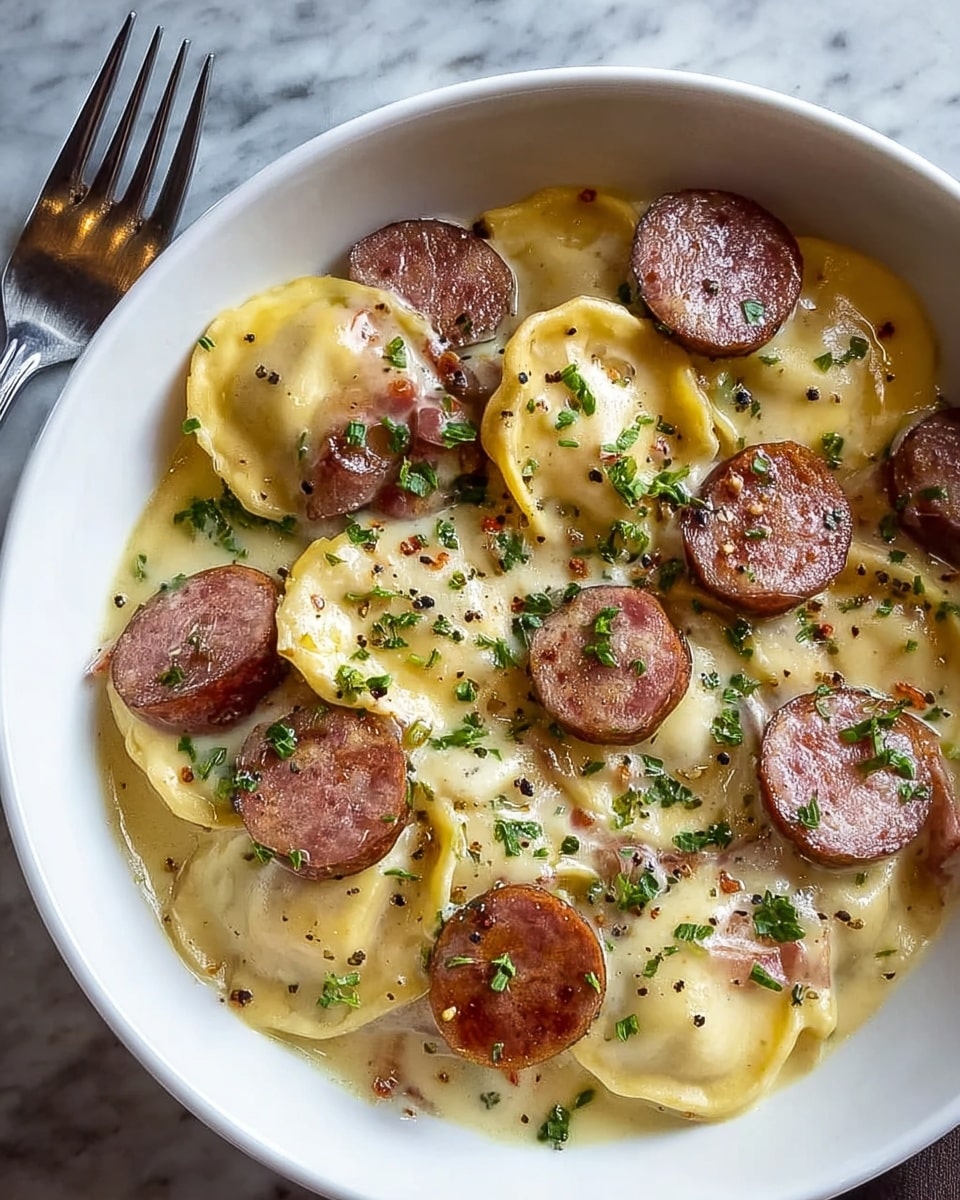 A white bowl filled with a creamy, cheesy dish featuring two main layers: the bottom layer consists of round, yellow ravioli pasta covered in a smooth, pale yellow cheese sauce, and the top layer includes thick, browned sausage slices scattered across the ravioli. The dish is sprinkled with chopped green herbs and small black pepper flakes, adding color contrast. The bowl is placed on a white marbled surface with a silver fork resting nearby. photo taken with an iphone --ar 4:5 --v 7