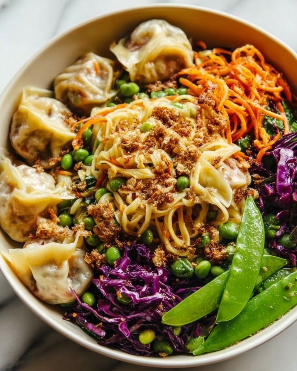 The image shows a close-up of a bowl filled with different colorful layers of food. At the center, there is a nest of light yellow noodles mixed with small green edamame beans and thin orange carrot strips, with some leafy green vegetables underneath. Around the noodles, there are several golden-brown dumplings placed evenly. To one side, there are bright orange shredded carrot pieces, and on another side, a small pile of purple cabbage. At the top edge, there are two long green snap peas. The whole dish is vibrant with different textures, and the bowl sits on a white marbled surface. photo taken with an iphone --ar 4:5 --v 7