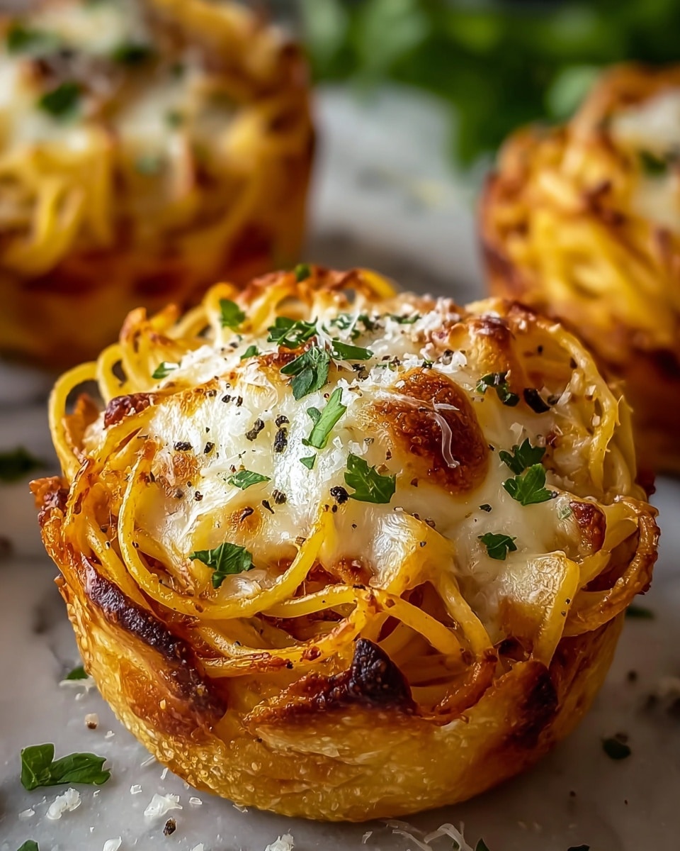 A close-up of a baked pasta cup with three visible layers: the bottom is a golden-brown crispy dough shell, the middle is a nest of yellow-orange spaghetti strands, and the top layer is melted white cheese with light brown toasted spots. The edges of the dough are uneven and bubbly with some dark browned spots. Small pieces of green parsley and white grated cheese are sprinkled on top along with a few black pepper flakes, enhancing the texture and color. The dish sits on a white marbled surface with blurred pasta cups and greenery in the background. photo taken with an iphone --ar 4:5 --v 7