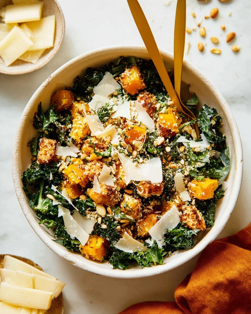 A bowl of salad with three visible layers: the base layer is dark green chopped kale with a rough texture, mixed with thin slices of light purple onions; the middle layer consists of medium-sized chunks of roasted orange squash with a slightly crispy, browned crust; the top layer has scattered off-white shaved cheese slices and small pale beige pine nuts. The salad is lightly dressed with a creamy sauce that adds a slight shine, and there are two golden utensils inserted in the bowl. The bowl is white ceramic, set on a white marbled surface with a small bowl of shaved cheese in the background. photo taken with an iphone --ar 4:5 --v 7