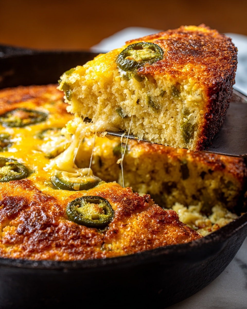 A golden brown deep-fried cornbread in a black cast iron skillet, cut into slices with one slice lifted by a spatula showing a moist, crumbly texture inside mixed with melted cheese and green jalapeno slices. The top layer is bubbly and crispy with scattered jalapeno rings and melted cheese patches, creating a mix of green, yellow, and browned orange colors. The cornbread edges are well cooked to a darker brown while the inside remains soft and filled with gooey cheese stretching slightly. The surface the skillet sits on has a white marbled texture. photo taken with an iphone --ar 4:5 --v 7