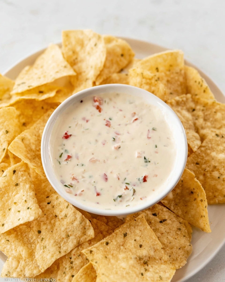 A white bowl filled with smooth, creamy white dip topped with small bright red tomato pieces and finely chopped green herbs, centered in the image. Surrounding the bowl are many light yellow, crispy tortilla chips with a slightly rough texture. The whole setting is on a white marbled texture surface. The image captures the details of the dip's creamy surface and the crunchiness of the chips. photo taken with an iphone --ar 4:5 --v 7