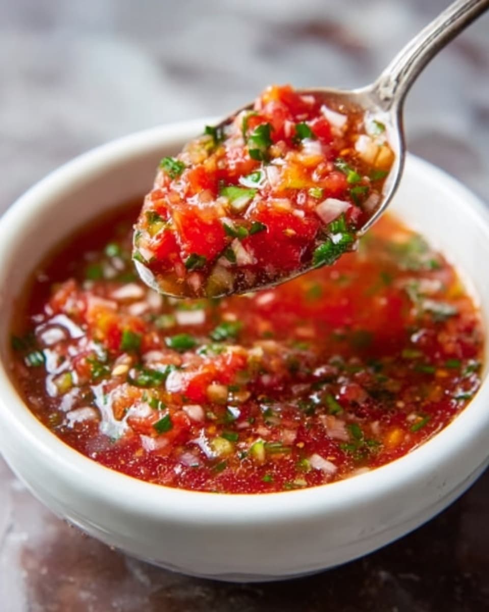A white bowl filled with chunky red salsa, showing bits of tomatoes, onions, and green herbs mixed throughout. The salsa has a thick texture with small pieces of vegetables visible. On top of the salsa, there are two green cilantro leaves placed neatly on the left side. The bowl is sitting on a white marbled surface with some yellow tortilla chips partially visible on the right. Photo taken with an iphone --ar 4:5 --v 7