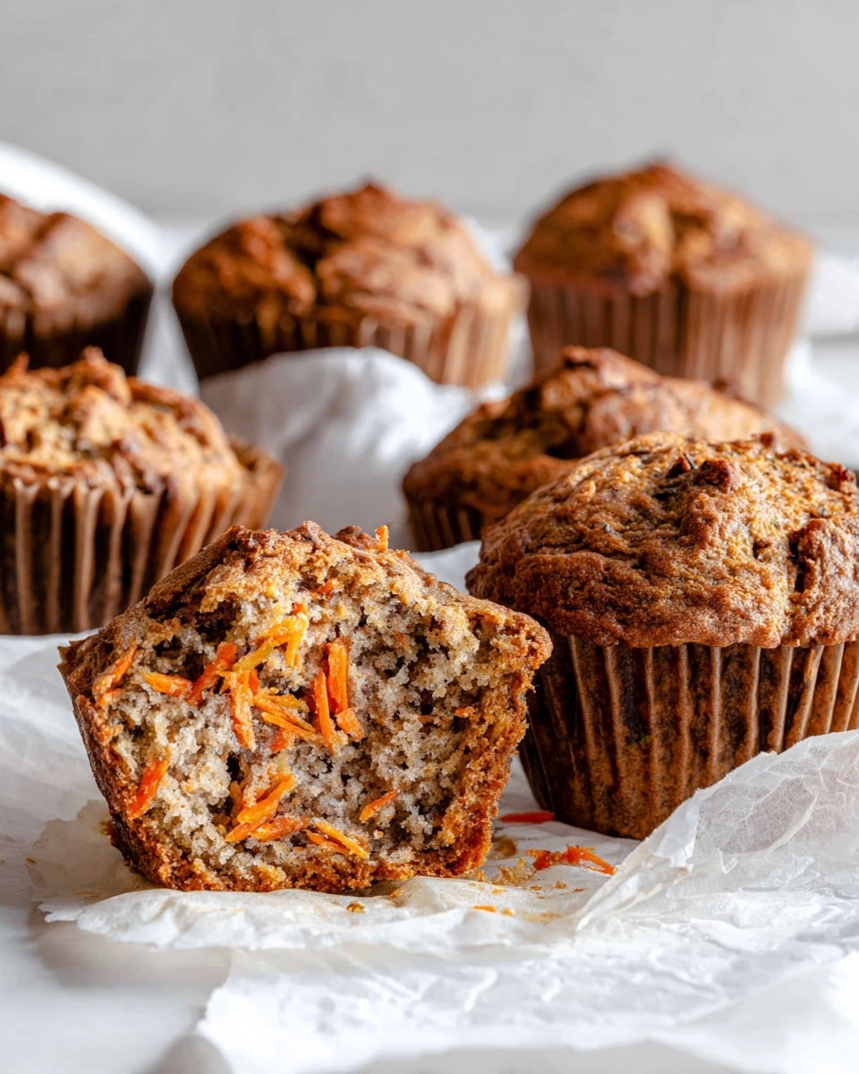 The image shows five muffins on a white marbled surface. Each muffin has a rough textured top that is golden brown with small specks of darker and lighter spots, showing bits of shredded carrot or similar ingredients. The muffins have a slightly cracked and bumpy top, giving a homemade look, and are wrapped in ridged brown paper liners. The background muffins are blurred, creating depth and focusing on the muffin at the front center. Photo taken with an iphone --ar 4:5 --v 7