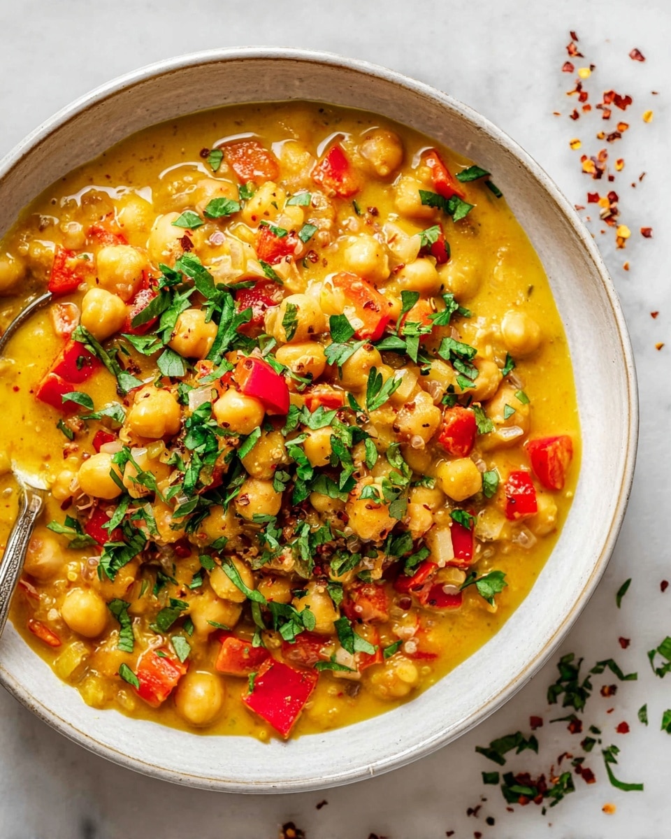 A close-up view of a creamy stew served in a white bowl, placed on a white marbled surface. The dish has a golden-yellow broth layer filling the bowl, with a mix of chickpeas, soft diced onions, and tender red bell pepper pieces scattered evenly on top. Small white grains, likely barley, dot the stew throughout. Bright green chopped herbs are sprinkled on the surface, adding a fresh touch. Some herbs and red pepper flakes are also scattered on the white marbled surface around the bowl. photo taken with an iphone --ar 4:5 --v 7