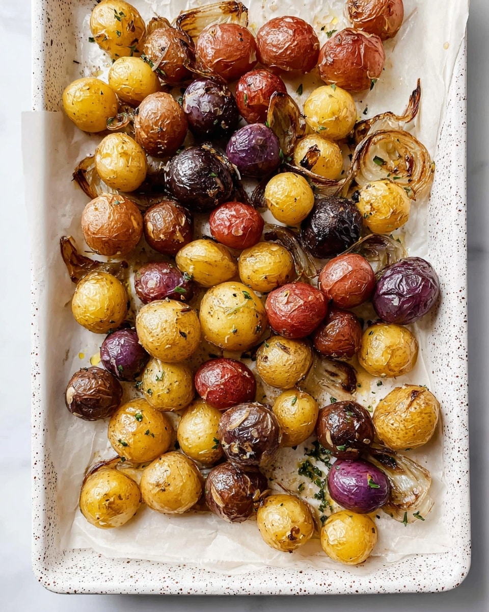 A white speckled baking tray lined with light brown parchment paper holds a mix of small roasted potatoes in various colors including yellow, purple, red, and light brown. The potatoes have crispy, slightly wrinkled skins with some golden browned spots. Scattered among them are caramelized onion slices, light brown and translucent, some slightly crisped. The tray's edges show a few baked-on bits of onion and herbs. The whole setup is placed on a white marbled surface. photo taken with an iphone --ar 4:5 --v 7