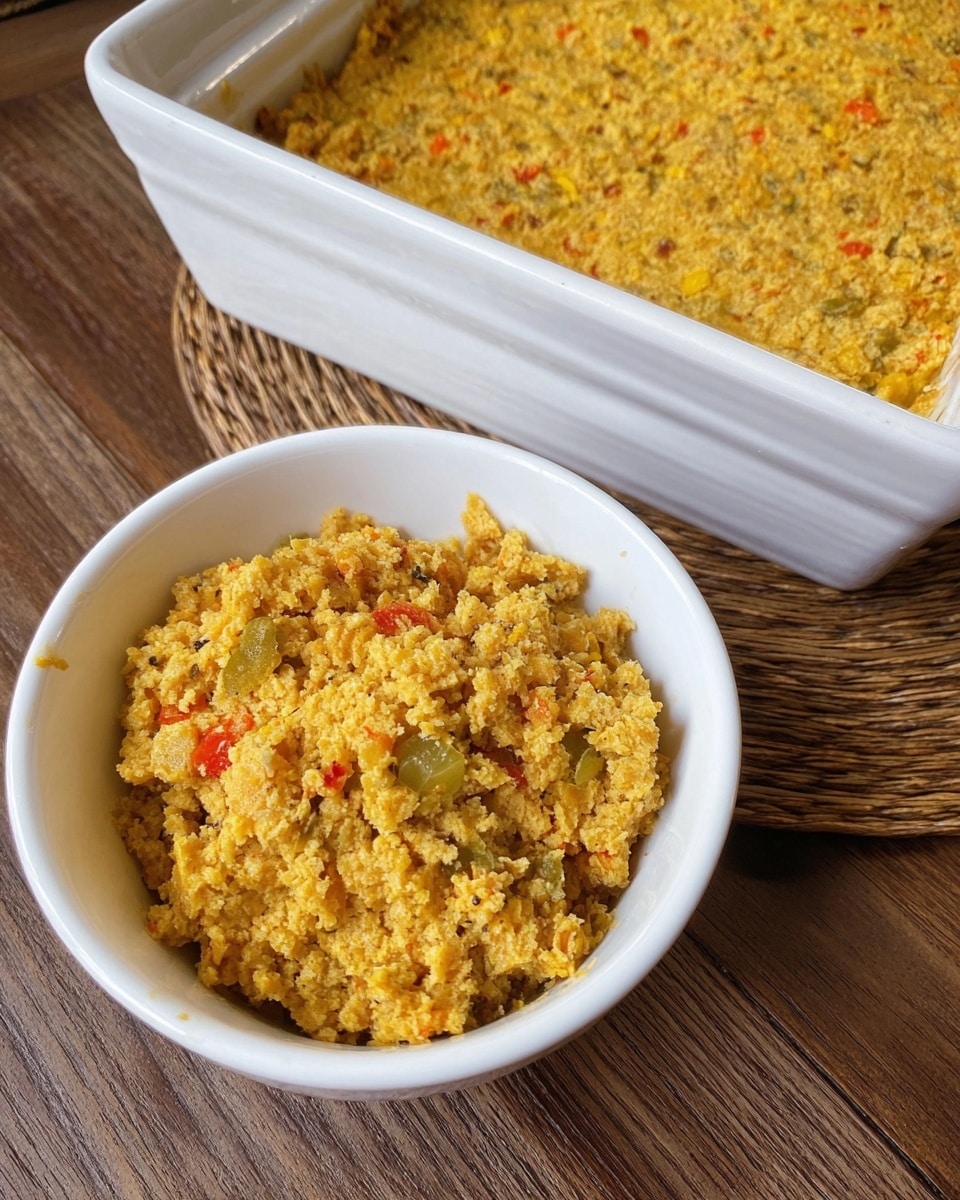 A rectangular white baking dish contains a casserole with two visible layers. The top layer is a golden yellow crust with a rough texture and small bits of green and red vegetables scattered throughout. A portion on the right side has been scooped out, revealing a thick, crumbly interior layer that is lighter in color with pieces of red and green vegetables mixed in. A silver spoon rests inside the dish on the right, partially covered with the casserole. The dish is set on a white marbled surface with a woven mat underneath. Photo taken with an iphone --ar 4:5 --v 7