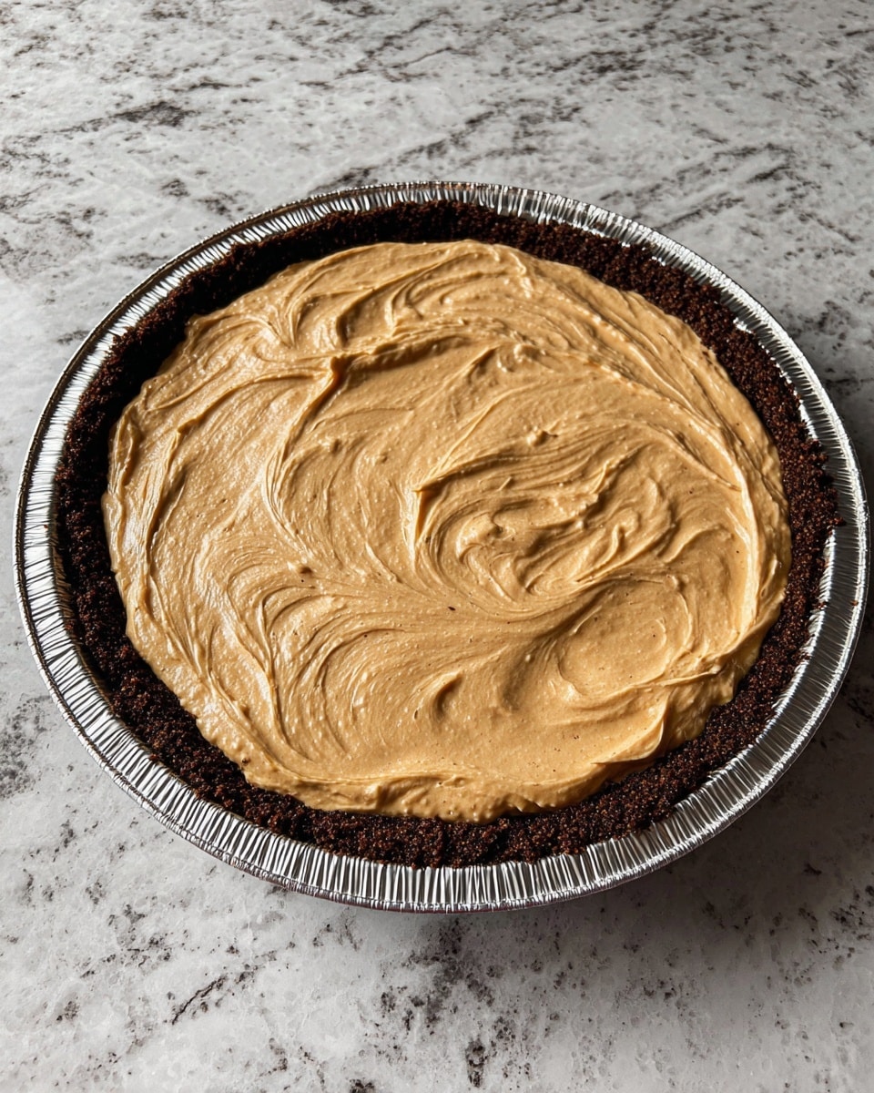 The image shows a thick dessert pie with three main layers visible, all resting in a shiny aluminum pie tin on a white marbled surface. The bottom crust is dark brown and crumbly, forming a solid base layer. The middle layer is a smooth, creamy light beige filling that covers the whole crust evenly. On top, there is a generous amount of chopped pieces of milk chocolate cups filled with peanut butter, scattered all over. The whole dessert is drizzled with a glossy, golden peanut butter sauce that runs over the chocolate chunks, adding a shiny texture and contrast in color. Photo taken with an iphone --ar 4:5 --v 7