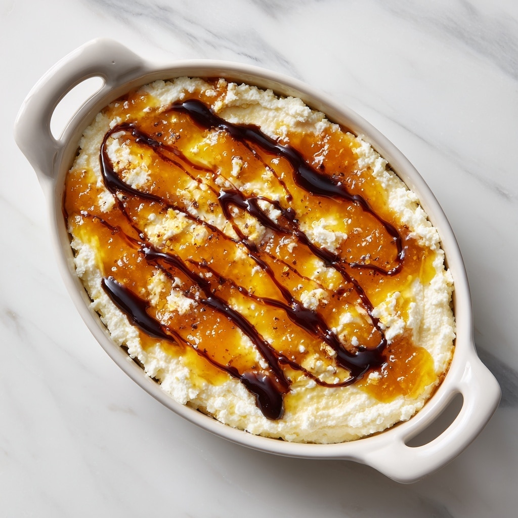 In a white oval ceramic dish with two handles, there is a thick layer of white, crumbly ricotta cheese spread evenly at the bottom, topped by a generous layer of glossy, bright orange apricot jam that looks sticky and smooth. On top of the jam, several thin, uneven streaks of dark brown balsamic glaze create a contrasting pattern, enhancing the visual texture. The dish sits on a white marbled surface, giving a clean and fresh look to the presentation. photo taken with an iphone --ar 4:5 --v 7