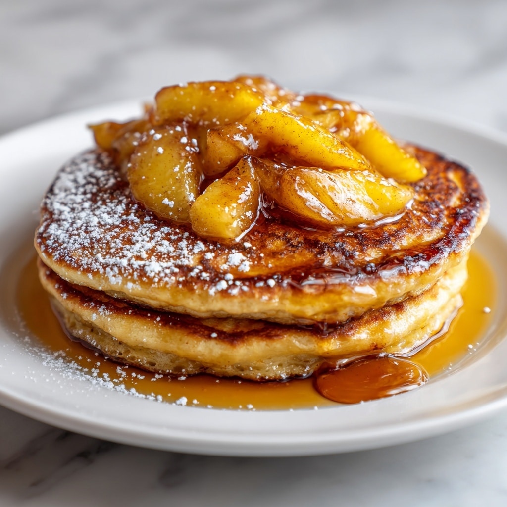 A stack of two fluffy pancakes sits on a white plate, each pancake showing a golden brown top with a soft, light yellow inside. The top pancake is dusted lightly with white powdered sugar and piled with glossy, caramelized apple slices that are golden yellow and reddish-brown, covered in syrup dripping down the sides and pooling on the plate. The background has a soft focus, showing a tall white ceramic jug, all placed on a white marbled texture. photo taken with an iphone --ar 4:5 --v 7