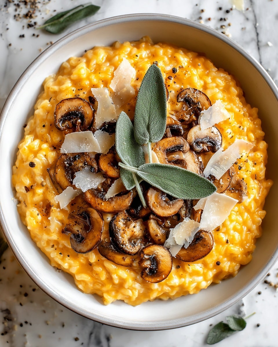 A white bowl holds a creamy orange risotto as the base layer, which is smooth and thick with a slightly glossy texture. On top, there is a layer of sautéed mushroom slices, golden brown with a slight shine and soft texture, spread evenly across the risotto. Scattered on the mushrooms are thin shreds of light-colored cheese, adding a delicate texture. Finally, three fresh green sage leaves are placed on the top, adding a touch of color and freshness. The bowl is set on a white marbled surface with some sprinkled black pepper and cheese around it. Photo taken with an iphone --ar 4:5 --v 7
