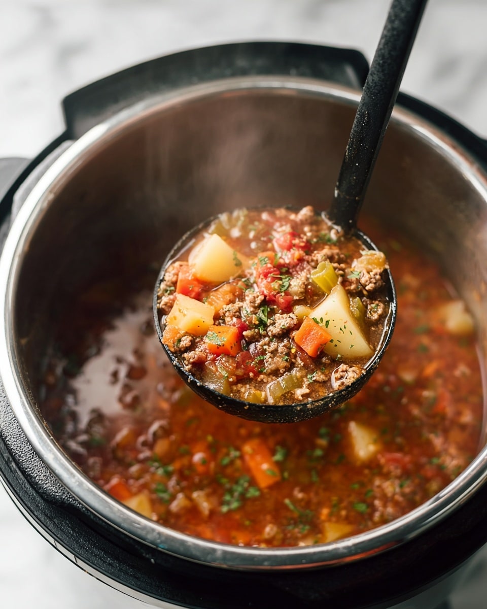 A close-up image of a black ladle holding a warm, chunky soup above a stainless steel inner pot of a pressure cooker. The soup contains visible layers including light brown cooked ground meat, soft yellow potatoes, bright orange carrots, translucent onions, pale green celery, and red tomatoes mixed in a rich, reddish-brown broth with flecks of green herbs sprinkled on top. Steam rises gently from the soup, creating a cozy, freshly cooked feel. The cooker sits on a white marbled surface. photo taken with an iphone --ar 4:5 --v 7