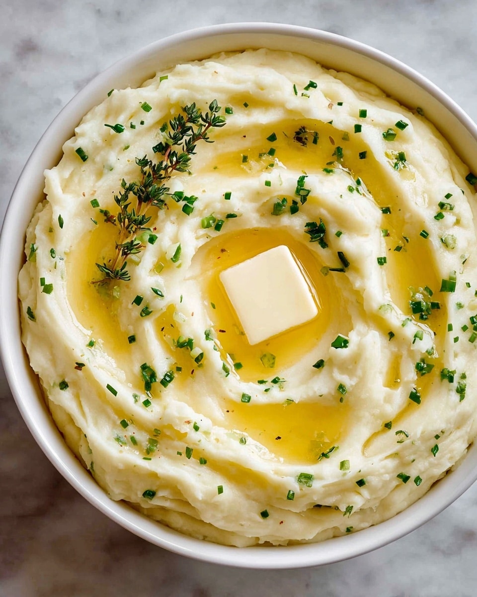 A white bowl filled with creamy mashed potatoes, with a smooth texture and soft white color. On top, there are two small square pieces of yellow butter melting gently in the center. The mashed potatoes have swirled ridges creating small pools of golden melted butter around them. Fresh small green thyme sprigs are scattered evenly on the potatoes, adding a touch of color and freshness. The bowl sits on a white marbled surface. photo taken with an iphone --ar 4:5 --v 7