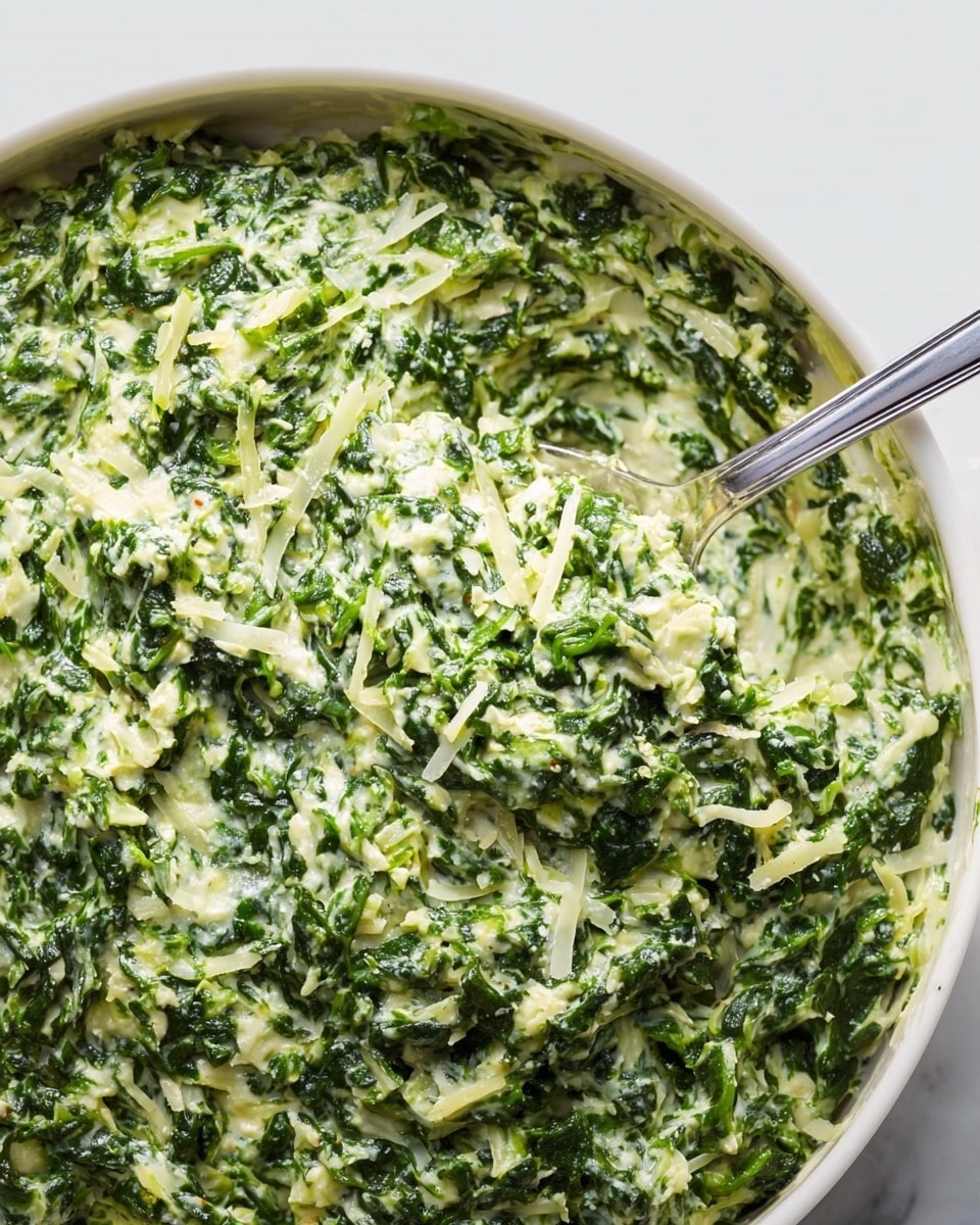 A close-up view of a single layer of cooked creamy spinach mixed with small pieces of sautéed onions and sprinkled with finely shredded white cheese on top, served in a round white bowl with a slightly gray interior edge. A large metal spoon rests on the right side of the bowl, partially submerged in the spinach mixture. The bowl sits on a white marbled surface with a green and white checkered cloth partially visible in the bottom corner. Photo taken with an iphone --ar 4:5 --v 7