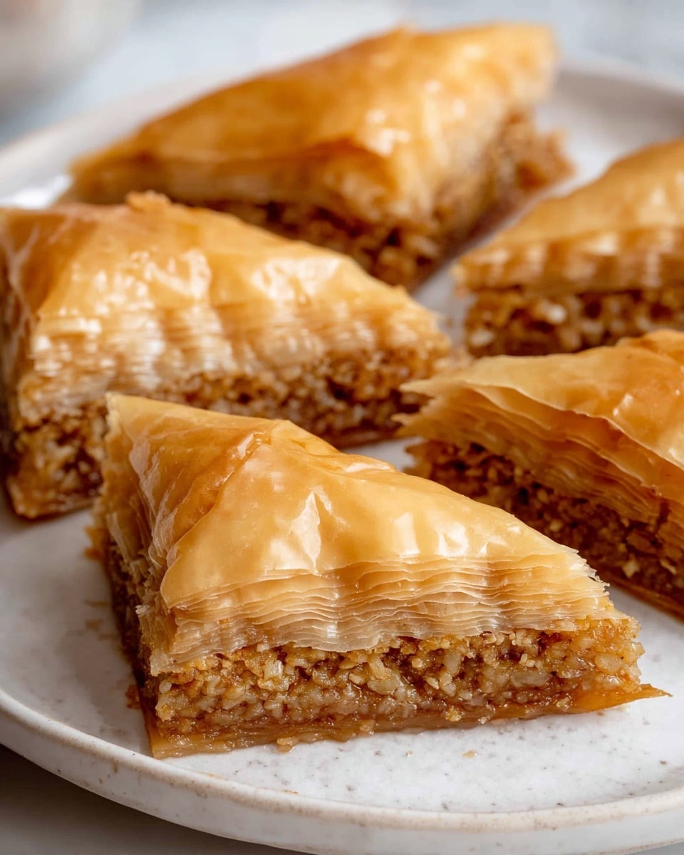 A close-up view of four diamond-shaped pieces of baklava arranged on a white plate, each piece showing multiple thin, flaky golden-brown phyllo dough layers on top with a slightly shiny, crisp texture, while the bottom layer reveals a finely ground nut filling that is light brown and crumbly, creating a clear contrast between the crunchy top and the dense filling. The white marbled surface under the plate adds a clean, soft background, enhancing the warm tones of the dessert. Photo taken with an iphone --ar 4:5 --v 7