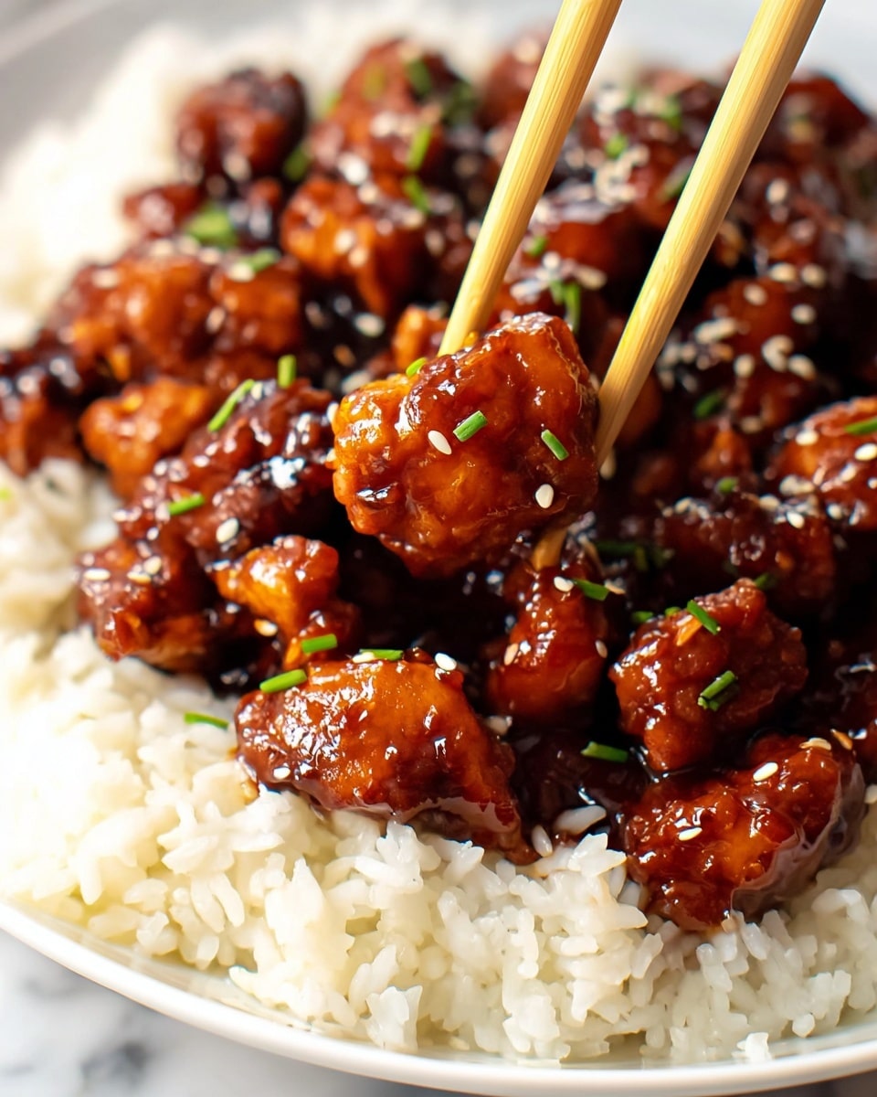 The image shows a white plate with two main layers: a bottom layer of fluffy, white rice with visible grains, and a top layer of glossy, dark reddish-brown chunks of chicken covered in a thick sauce. The chicken pieces vary in size and are garnished with small green chive bits and white sesame seeds. A pair of light wood chopsticks is holding one piece of chicken in the center, highlighting its shiny texture and sauce coating. The background is a white marbled texture, and the overall image captures the rich, glossy look of the dish up close. photo taken with an iphone --ar 4:5 --v 7