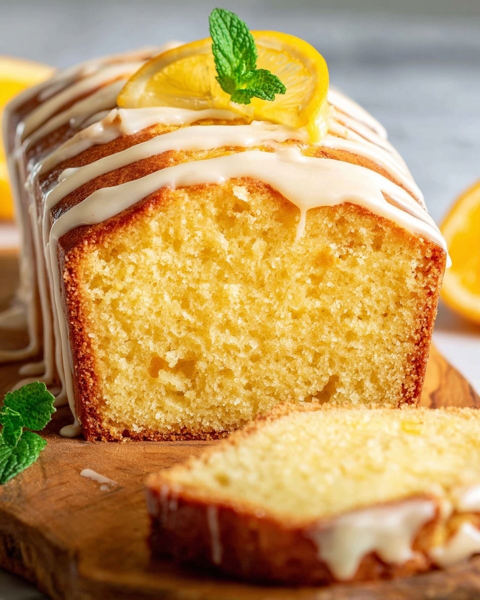 A loaf of yellow pound cake with a golden brown crust sits on crinkled brown parchment paper over a white marbled surface. The cake is sliced into thick pieces, revealing a moist, soft, and dense texture inside that is pale yellow. A smooth, creamy white glaze with streaks of light yellow is drizzled unevenly over the top of the cake. On top, there is a bright orange slice and a small fresh green mint leaf placed near the center. The background is blurred and shows a white jar-like object. photo taken with an iphone --ar 4:5 --v 7