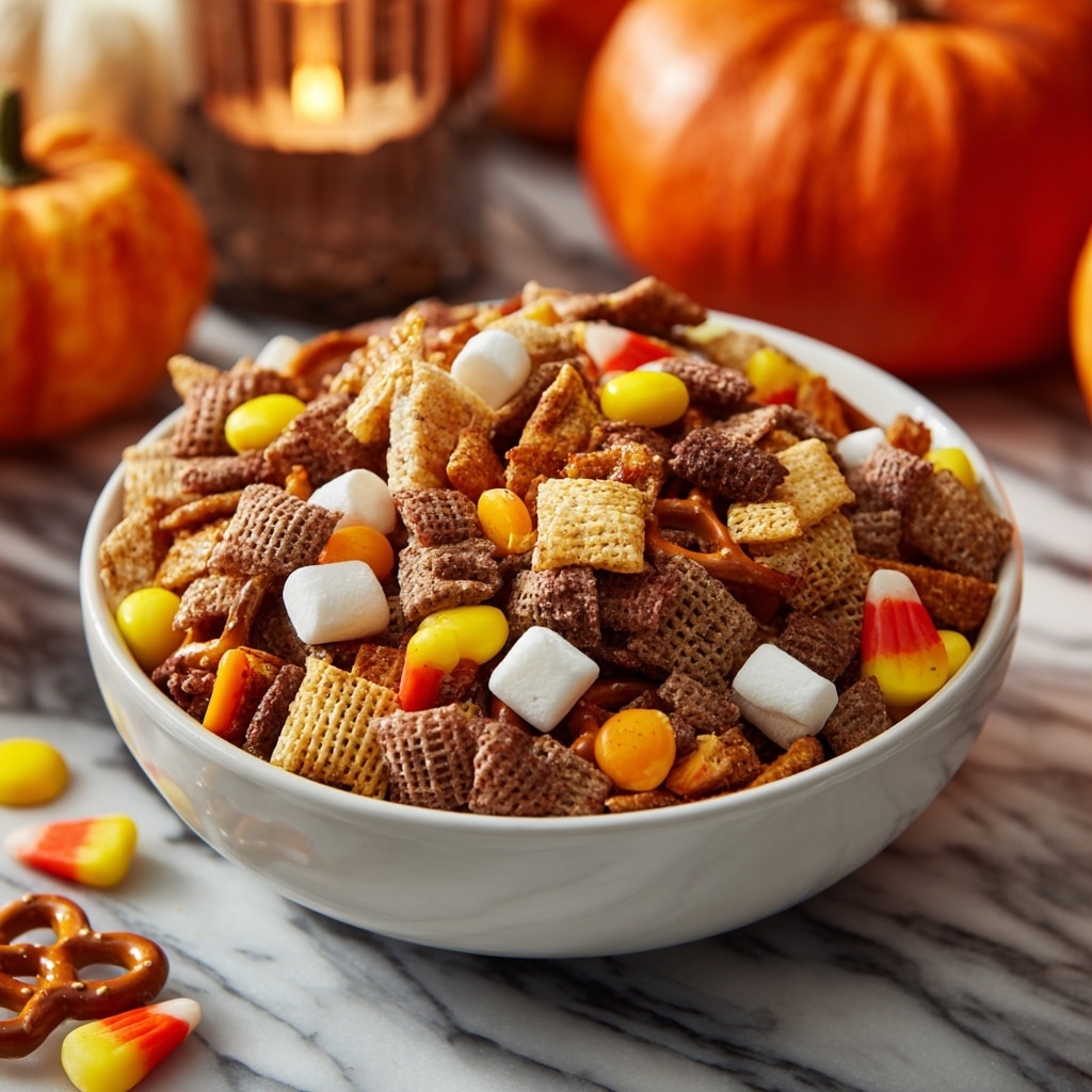 A white bowl filled with a mixed snack trail that has many layers including brown, square cereal pieces, golden-brown cheese crackers, round pretzels, small white marshmallows, bright yellow and orange candy corn, and shiny yellow candy-coated chocolates, all layered closely together creating a crunchy and colorful mix. The bowl sits on a surface with a white marbled texture, with a blurred warm candle light and a large pumpkin in the background, giving a cozy, autumn feeling. photo taken with an iphone --ar 4:5 --v 7