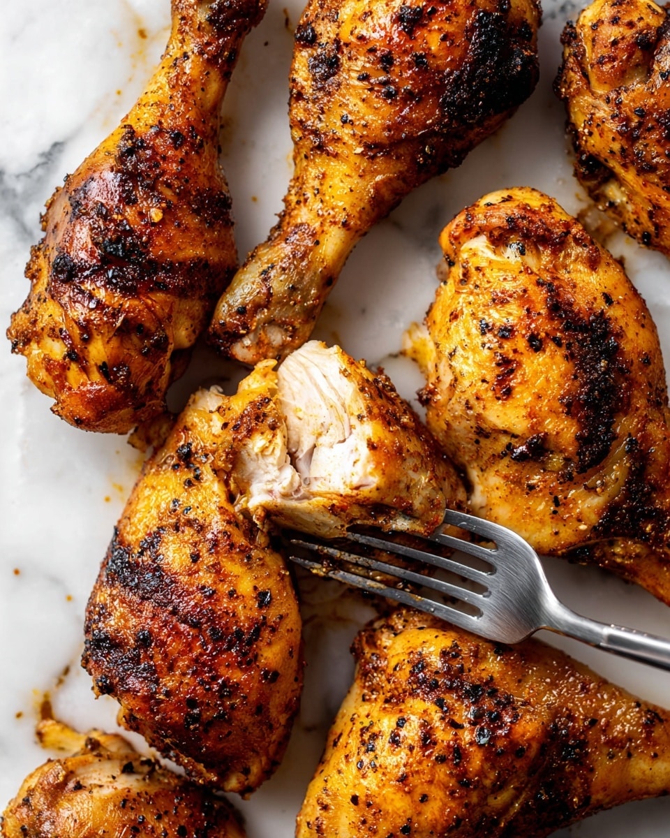 The image shows several pieces of grilled chicken drumsticks arranged on white parchment paper over a white marbled surface. The drumsticks have a crispy, golden-brown skin with dark grill marks and specks of blackened spices, giving them a textured look. One piece is partially pulled apart with a silver fork showing the white, tender meat inside. The chicken pieces glisten with oil and browned seasoning bits. The overall look is warm and appetizing, highlighting the contrast between the crispy exterior and juicy inside. photo taken with an iphone --ar 4:5 --v 7